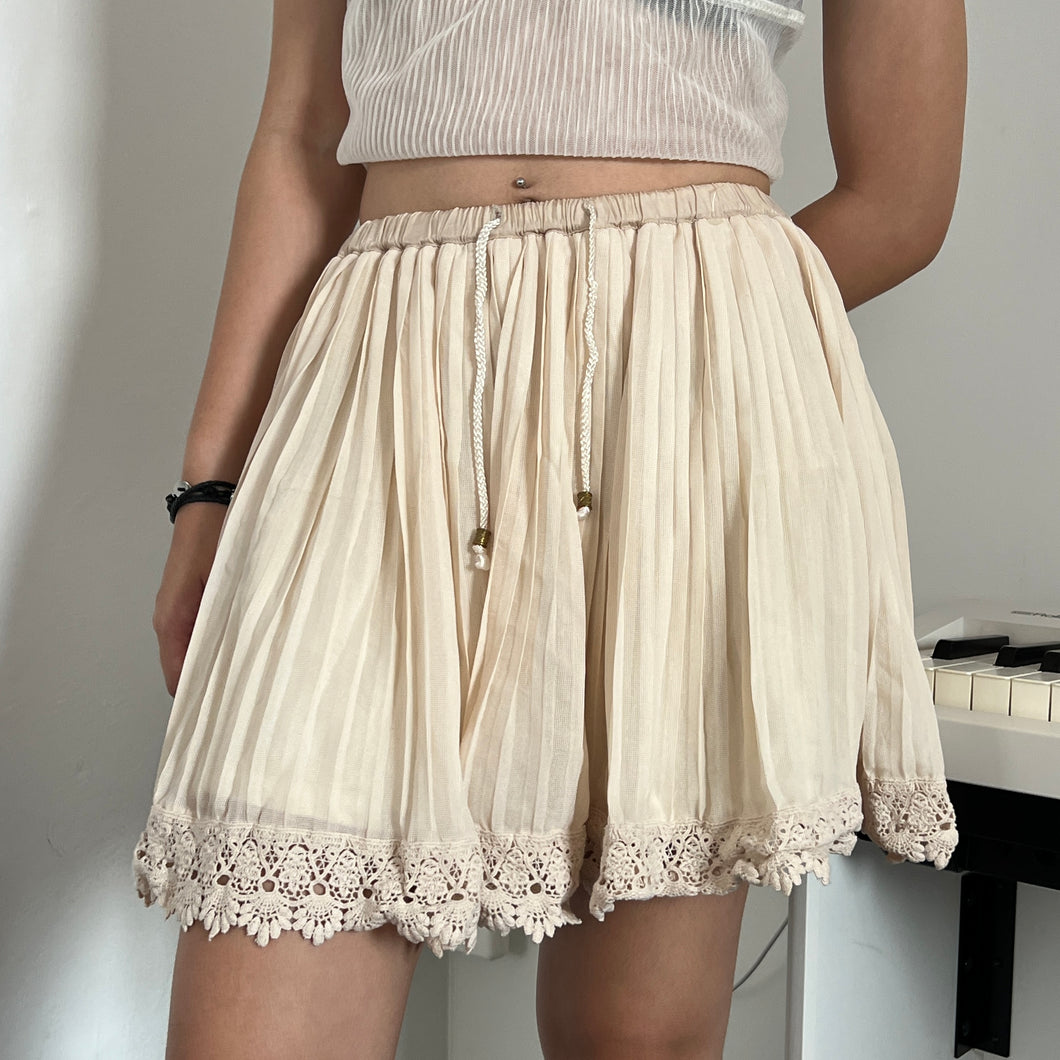 Beige Pleats Drawstring Mini Skirt