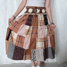 Load image into Gallery viewer, Grunge Brown Beige Full White Flower Crochet Band Patchwork Maxi Skirt
