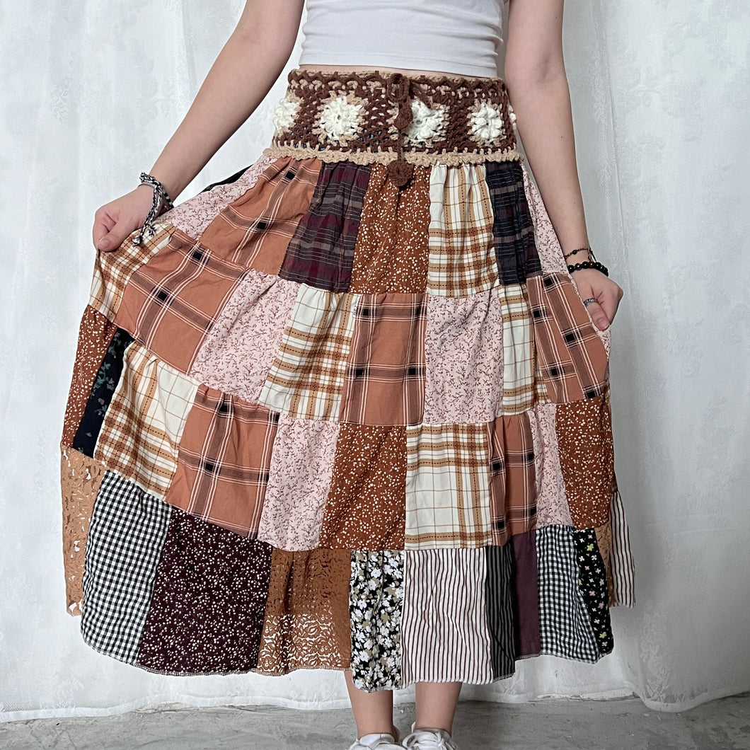 Grunge Brown Beige Full White Flower Crochet Band Patchwork Maxi Skirt