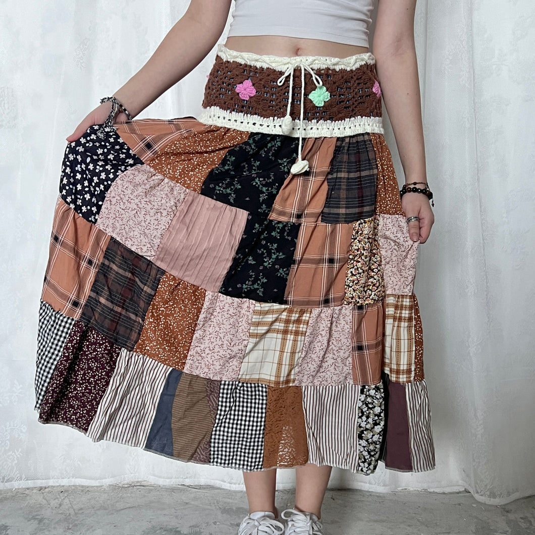 Grunge Brown Candy Crochet Band Patchwork Maxi Skirt