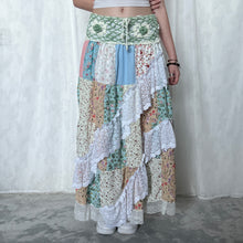 Load image into Gallery viewer, Pastel Sage Green White Crochet Band Lace Asymmetrical Patchwork Maxi Skirt
