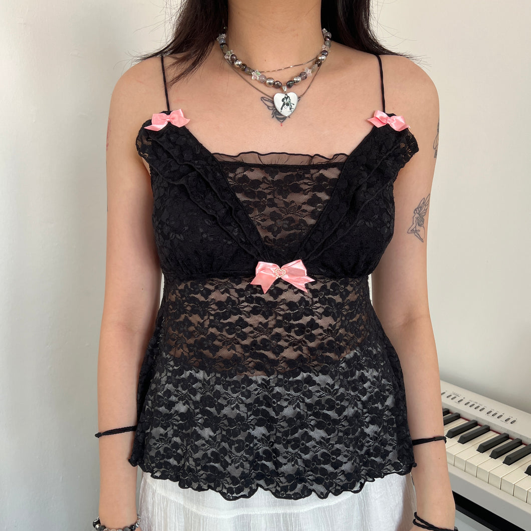 Black Mesh Lace Pink Ribbons Camisole Top