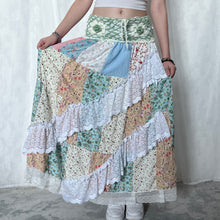 Load image into Gallery viewer, Pastel Sage Green White Crochet Band Lace Asymmetrical Patchwork Maxi Skirt
