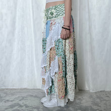 Load image into Gallery viewer, Pastel Sage Green White Crochet Band Lace Asymmetrical Patchwork Maxi Skirt
