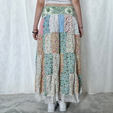 Load image into Gallery viewer, Pastel Sage Green White Crochet Band Lace Asymmetrical Patchwork Maxi Skirt
