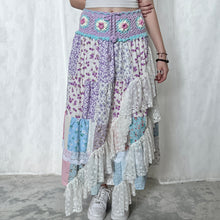 Load image into Gallery viewer, Pastel Purple Blue Magenta White Crochet Band Lace Asymmetrical Patchwork Maxi Skirt
