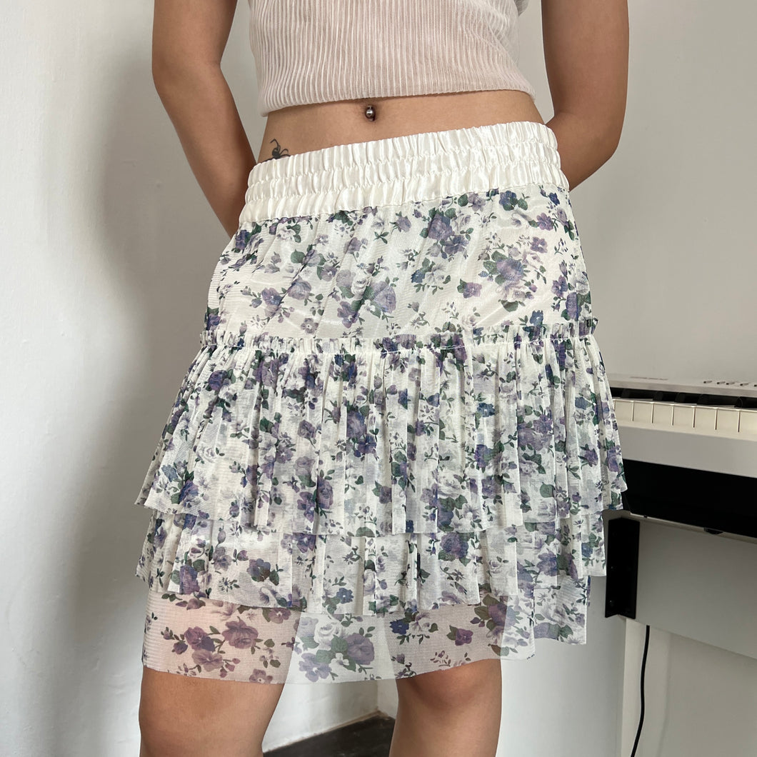 Purple White Floral Mesh Tiered Mini Skirt