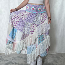 Load image into Gallery viewer, Pastel Purple Blue Magenta White Crochet Band Lace Asymmetrical Patchwork Maxi Skirt
