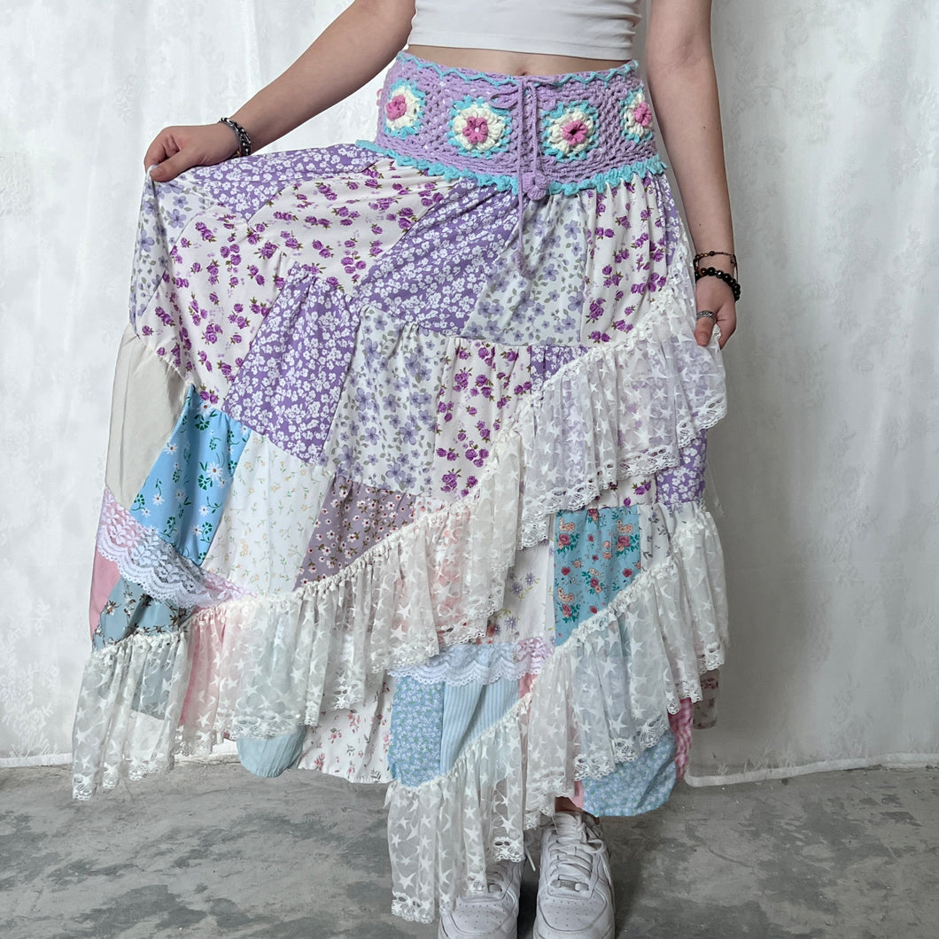 Pastel Purple Blue Magenta White Crochet Band Lace Asymmetrical Patchwork Maxi Skirt