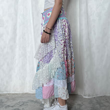 Load image into Gallery viewer, Pastel Purple Blue Magenta White Crochet Band Lace Asymmetrical Patchwork Maxi Skirt
