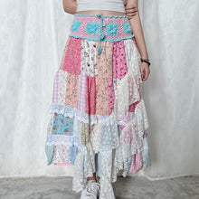 Load image into Gallery viewer, Pastel Pink Blue Crochet Band Lace Asymmetrical Patchwork Maxi Skirt
