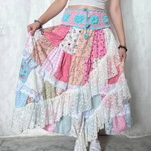 Load image into Gallery viewer, Pastel Pink Blue Crochet Band Lace Asymmetrical Patchwork Maxi Skirt
