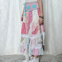 Load image into Gallery viewer, Pastel Pink Blue Crochet Band Lace Asymmetrical Patchwork Maxi Skirt
