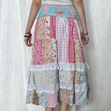 Load image into Gallery viewer, Pastel Pink Blue Crochet Band Lace Asymmetrical Patchwork Maxi Skirt
