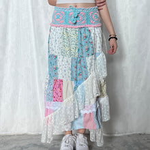 Load image into Gallery viewer, Pastel Mixed Pink Blue Crochet Band Lace Asymmetrical Patchwork Maxi Skirt
