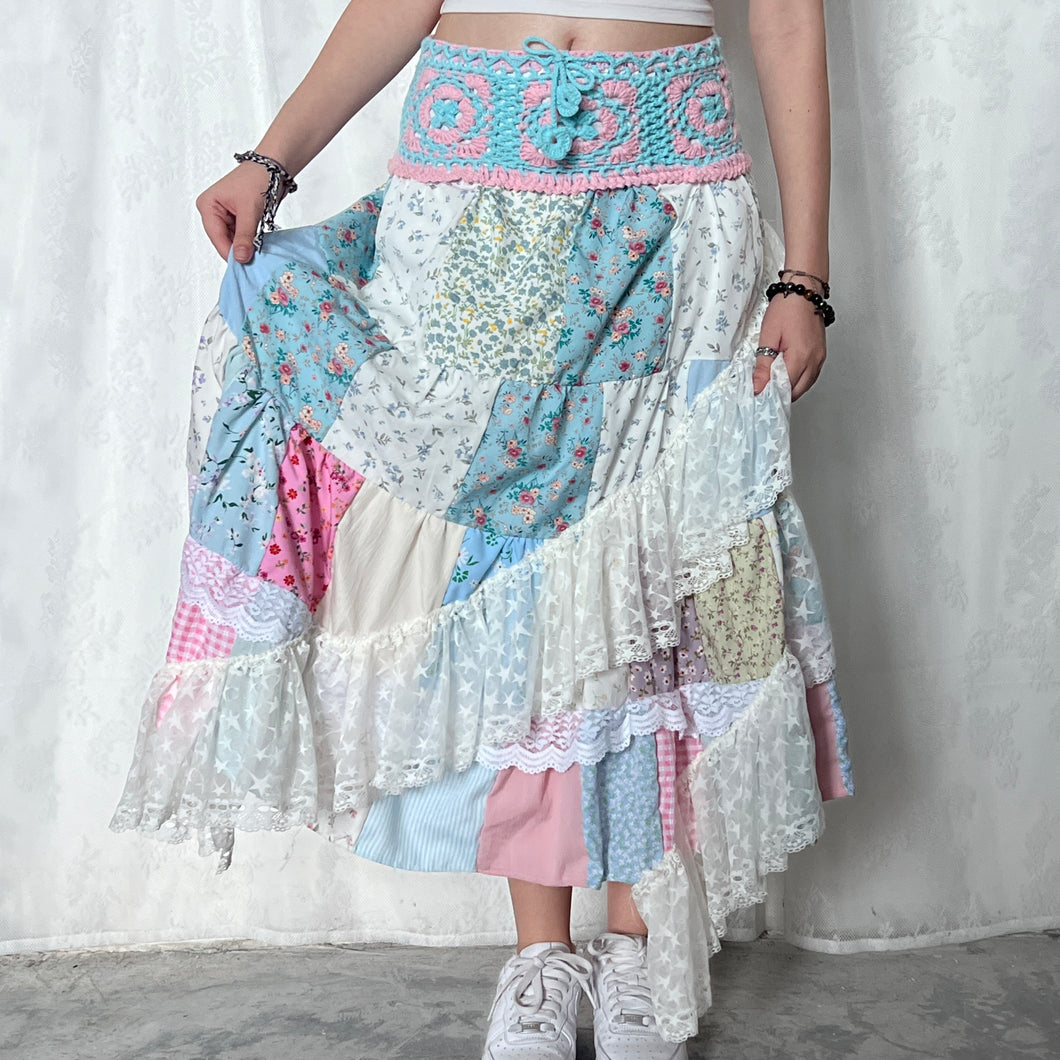 Pastel Mixed Pink Blue Crochet Band Lace Asymmetrical Patchwork Maxi Skirt