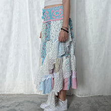 Load image into Gallery viewer, Pastel Mixed Pink Blue Crochet Band Lace Asymmetrical Patchwork Maxi Skirt
