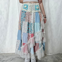 Load image into Gallery viewer, Pastel White Blue Crochet Band Lace Asymmetrical Patchwork Maxi Skirt
