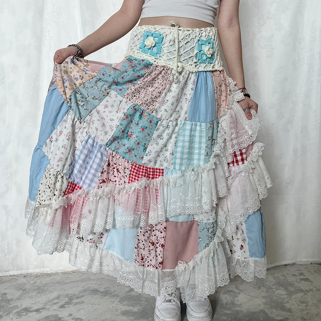 Pastel White Blue Crochet Band Lace Asymmetrical Patchwork Maxi Skirt