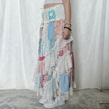 Load image into Gallery viewer, Pastel White Blue Crochet Band Lace Asymmetrical Patchwork Maxi Skirt
