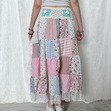 Load image into Gallery viewer, Pastel White Blue Crochet Band Lace Asymmetrical Patchwork Maxi Skirt
