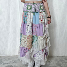 Load image into Gallery viewer, Pastel Purple Sage Green Crochet Band Lace Asymmetrical Patchwork Maxi Skirt
