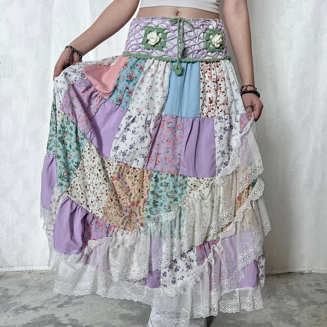 Pastel Purple Sage Green Crochet Band Lace Asymmetrical Patchwork Maxi Skirt