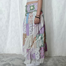 Load image into Gallery viewer, Pastel Purple Sage Green Crochet Band Lace Asymmetrical Patchwork Maxi Skirt
