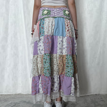 Load image into Gallery viewer, Pastel Purple Sage Green Crochet Band Lace Asymmetrical Patchwork Maxi Skirt
