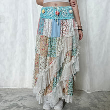 Load image into Gallery viewer, Pastel Blue Multi-colour Warm Tone Flowers Crochet Band Lace Asymmetrical Patchwork Maxi Skirt
