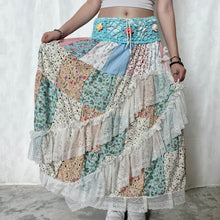 Load image into Gallery viewer, Pastel Blue Multi-colour Warm Tone Flowers Crochet Band Lace Asymmetrical Patchwork Maxi Skirt
