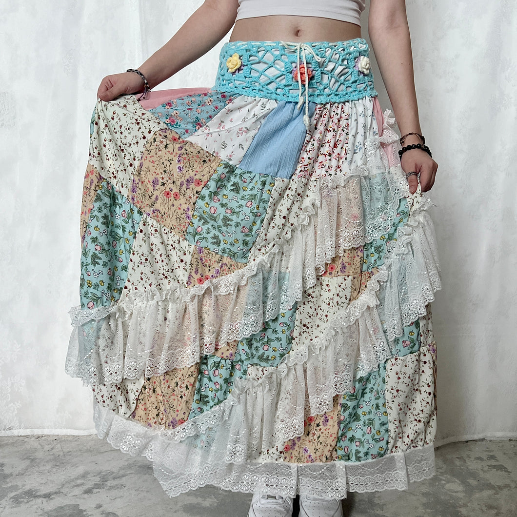 Pastel Blue Multi-colour Warm Tone Flowers Crochet Band Lace Asymmetrical Patchwork Maxi Skirt