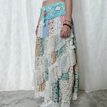 Load image into Gallery viewer, Pastel Blue Multi-colour Warm Tone Flowers Crochet Band Lace Asymmetrical Patchwork Maxi Skirt
