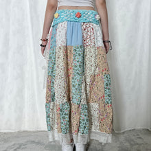 Load image into Gallery viewer, Pastel Blue Multi-colour Warm Tone Flowers Crochet Band Lace Asymmetrical Patchwork Maxi Skirt
