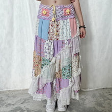 Load image into Gallery viewer, Pastel Purple Pink Yellow Crochet Band Lace Asymmetrical Patchwork Maxi Skirt
