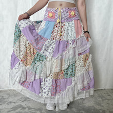 Load image into Gallery viewer, Pastel Purple Pink Yellow Crochet Band Lace Asymmetrical Patchwork Maxi Skirt
