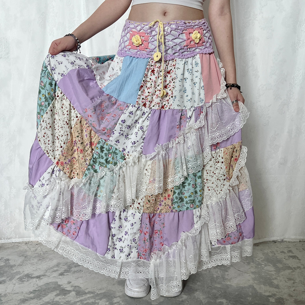 Pastel Purple Pink Yellow Crochet Band Lace Asymmetrical Patchwork Maxi Skirt