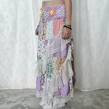 Load image into Gallery viewer, Pastel Purple Pink Yellow Crochet Band Lace Asymmetrical Patchwork Maxi Skirt
