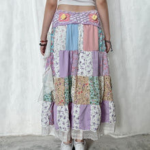 Load image into Gallery viewer, Pastel Purple Pink Yellow Crochet Band Lace Asymmetrical Patchwork Maxi Skirt
