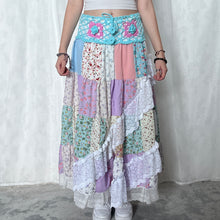 Load image into Gallery viewer, Pastel Blue Magenta Crochet Band Lace Asymmetrical Patchwork Maxi Skirt
