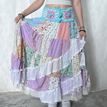 Load image into Gallery viewer, Pastel Blue Magenta Crochet Band Lace Asymmetrical Patchwork Maxi Skirt
