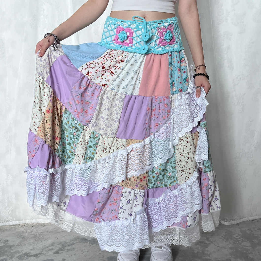 Pastel Blue Magenta Crochet Band Lace Asymmetrical Patchwork Maxi Skirt