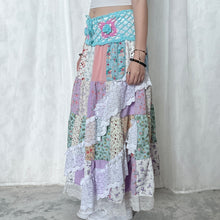 Load image into Gallery viewer, Pastel Blue Magenta Crochet Band Lace Asymmetrical Patchwork Maxi Skirt
