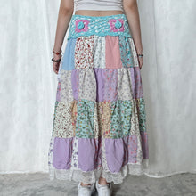 Load image into Gallery viewer, Pastel Blue Magenta Crochet Band Lace Asymmetrical Patchwork Maxi Skirt
