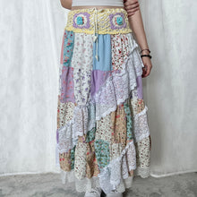 Load image into Gallery viewer, Pastel Yellow Purple Blue Crochet Band Lace Asymmetrical Patchwork Maxi Skirt
