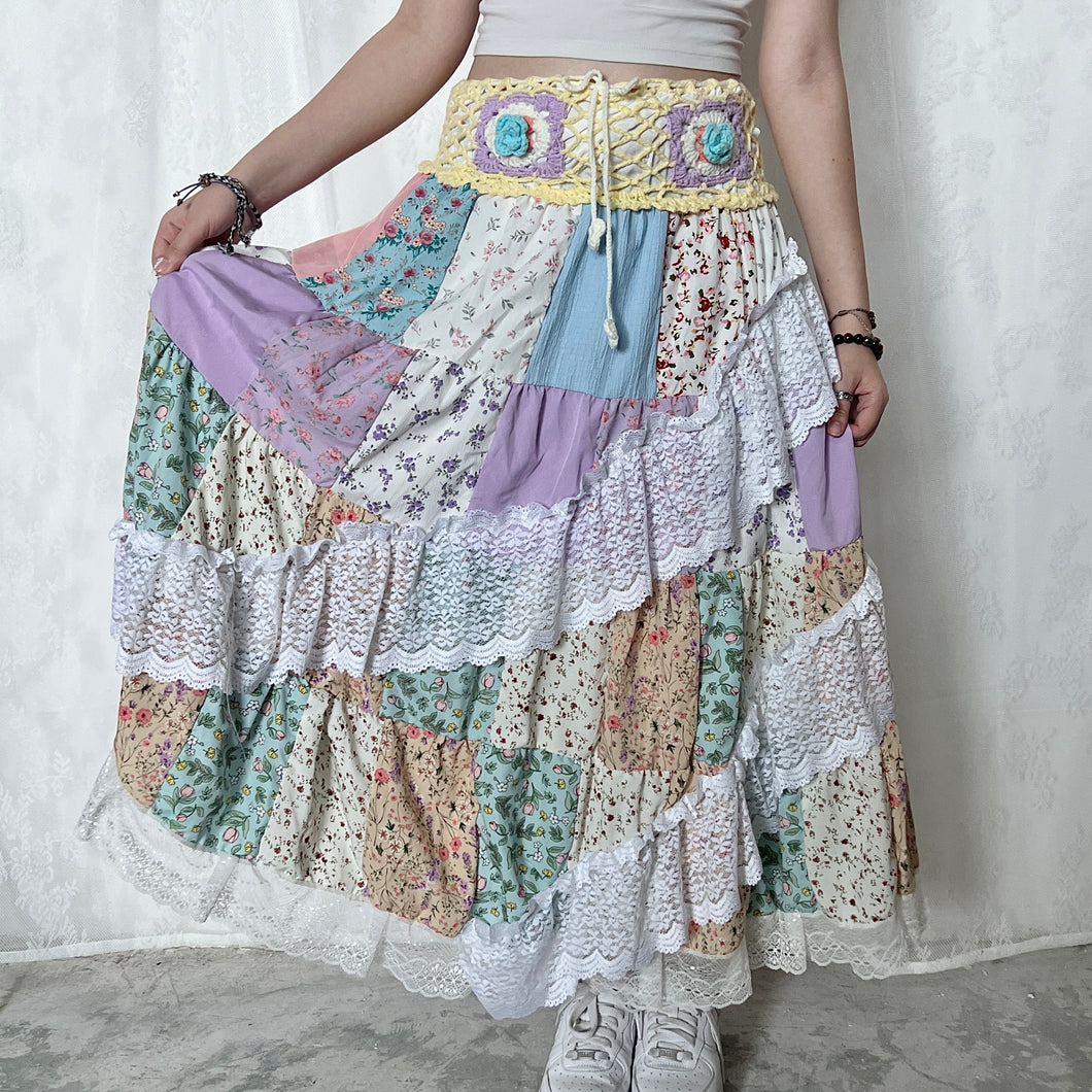 Pastel Yellow Purple Blue Crochet Band Lace Asymmetrical Patchwork Maxi Skirt