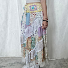 Load image into Gallery viewer, Pastel Yellow Purple Blue Crochet Band Lace Asymmetrical Patchwork Maxi Skirt
