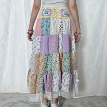 Load image into Gallery viewer, Pastel Yellow Purple Blue Crochet Band Lace Asymmetrical Patchwork Maxi Skirt
