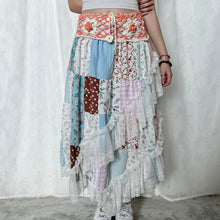 Load image into Gallery viewer, Pastel Coral Orange White Crochet Band Lace Asymmetrical Patchwork Maxi Skirt
