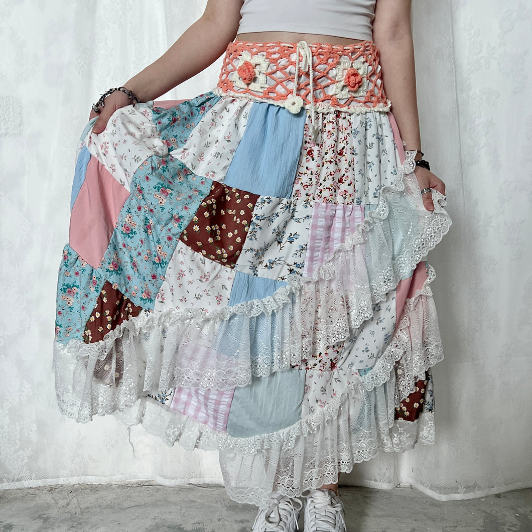 Pastel Coral Orange White Crochet Band Lace Asymmetrical Patchwork Maxi Skirt